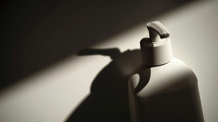 Close up of lotion pump shadow detail on neutral background with soft natural lighting and minimal beauty aesthetic