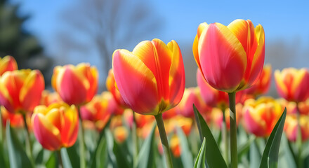 Vibrant pink and yellow tulips in a sunny garden on a clear day