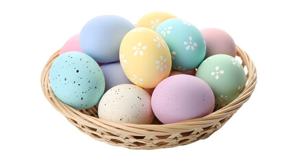 A wicker basket filled with colorful Easter eggs on transparent background