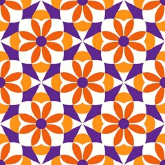 Fototapeta premium Seamless geometric pattern with stylized orange flowers and purple star shapes on an off-white background