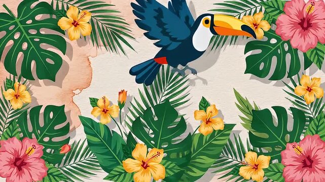 Tropical Leaves and Flowers with Toucan.