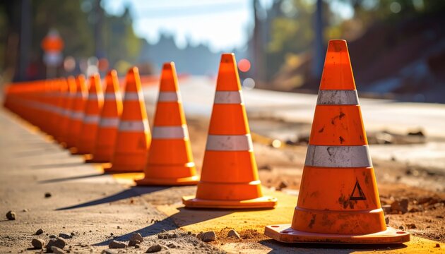 FlyPro Firefly Orange Traffic Delineator Posts Arranged in a Line on a Road Construction Site