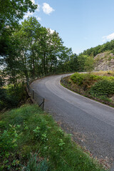 Winding rural road through forested hillside landscape.