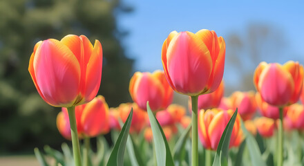 Vibrant pink and orange tulips in a sunny garden on a clear day © Sultana