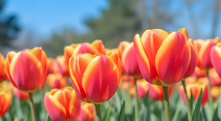 Vibrant orange and pink tulips in a sunny garden landscape © Sultana