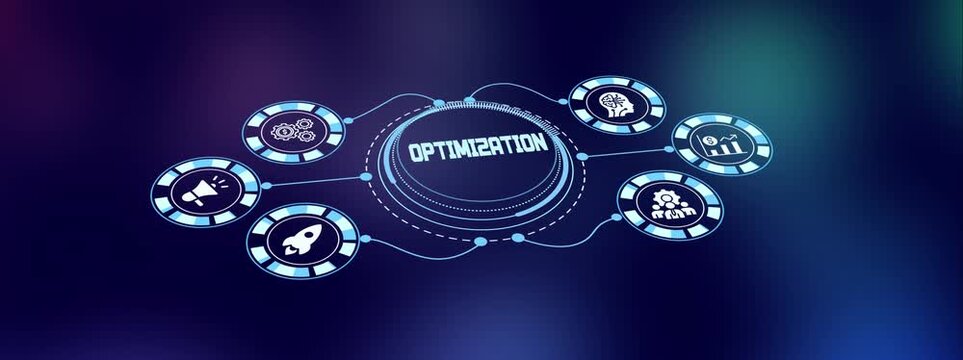 Optimization strategy concept with digital interface dashboard, analytics icons and connected business performance system.