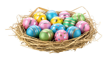 Obraz premium A basket of colorful Easter eggs on transparent background