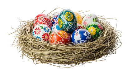 Obraz premium A nest filled with colorful Easter eggs on transparent background