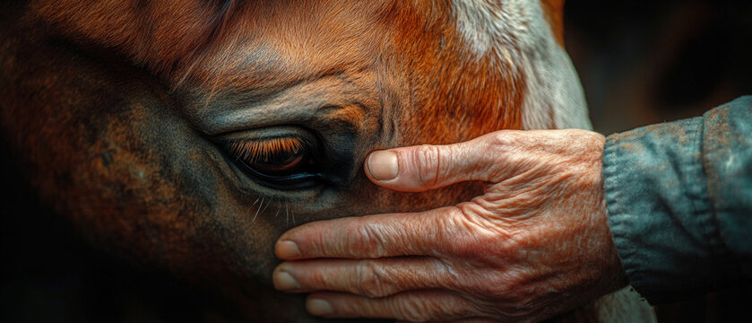 Gentle fingers caress the horse's muzzle, conveying trust and connection between humans and animals, which is ideal for atmospheric background material on humane treatment of our smaller brothers.