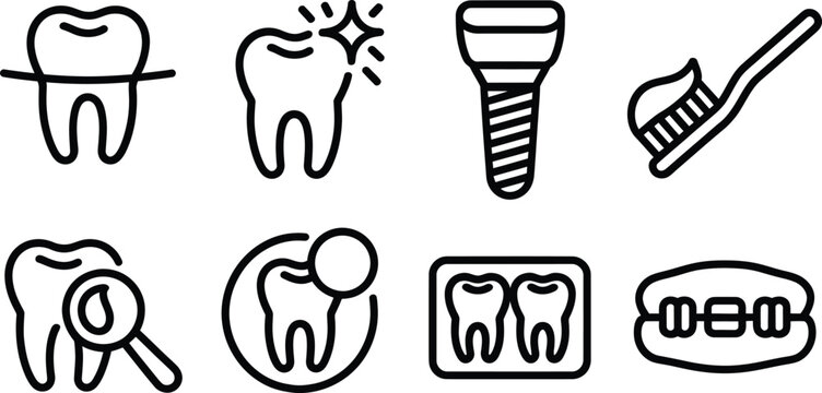 Dental care line icons set, 8 black outline dentistry symbols, tooth health and oral hygiene vector elements for clinic branding