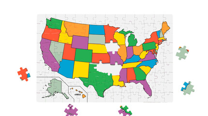 A colorful United States map puzzle, representing states and geography in a fun way