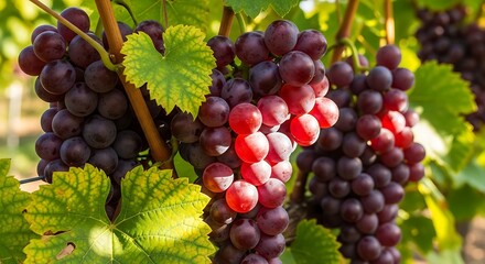 Fototapeta premium red grapes in vineyard. fresh red grapes cluster growing on vine in vineyard with green leaves.