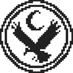 Fototapeta premium Pixel art eagle emblem with crescent moon in circular frame, retro digital bird icon, black and white design