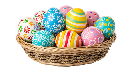Fototapeta premium A wicker basket filled with colorful Easter eggs on transparent background