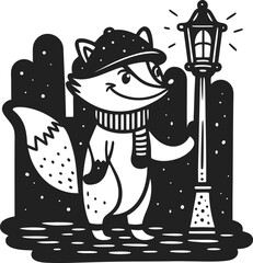 Smiling fox wearing cap and scarf standing beside illuminated street lamp in snowy night scene