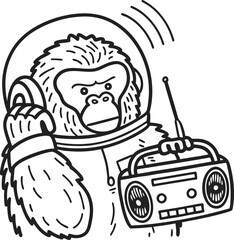 Gorilla wearing astronaut helmet and headphones, holding a vintage radio, black and white line art drawing