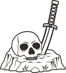Skull and sword embedded in rock mysterious dark symbol, ancient weapon with hollow skull on rough stone surface