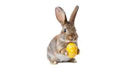 Obraz premium A cute brown rabbit holding a yellow Easter egg on transparent background