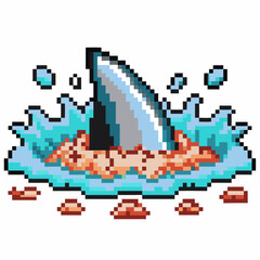 pixel art shark fin splashing water with brown debris in retro video game