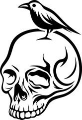 black crow perched on a human skull line art design gothic, spooky, eerie symbol with dark bird and skeletal theme