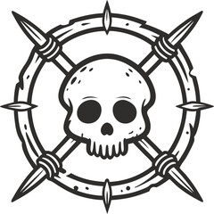 Skull with crossed spears and spiked circular frame, tribal warrior emblem symbol