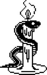 Pixel art black snake coiled around burning candle with melting wax and flickering flame