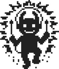 pixel art black devil character holding pitchforks with digital glitch effect isolated on white background