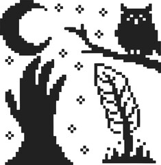Pixel art halloween scene with crescent moon, owl on branch, spooky hand, and leaf silhouette