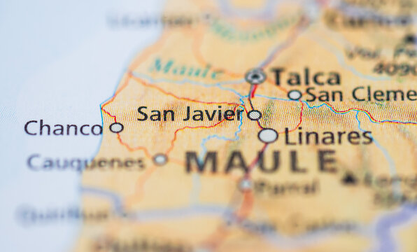Detailed atlas close up of San Javier and Talca Chile.