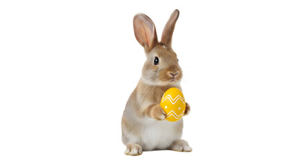 Obraz premium A cute brown rabbit holding a yellow Easter egg on transparent background