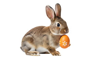 Obraz premium A cute brown rabbit holding an orange Easter egg on transparent background