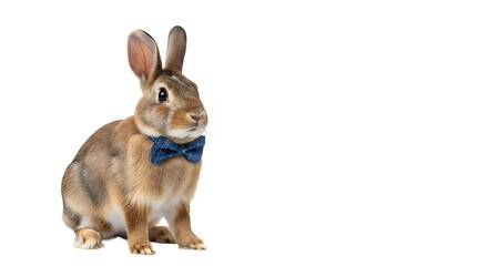 Obraz premium A brown rabbit wearing a blue bowtie sits on a transparent background