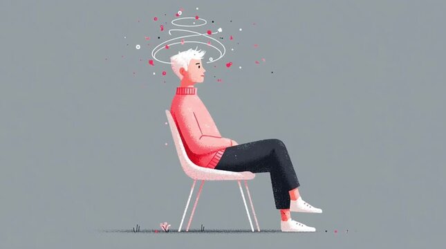 Young man with white hair sits in chair, surrounded by swirling colorful elements