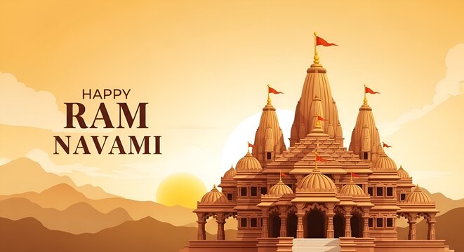 Happy Ram Navami Festival Celebration &ndash; Traditional Hindu Temple at Sunset with Calligraphy Text &ndash; Indian Mythology, Spirituality, Religion, Festive Greetings, Cultural Heritage, Divine Worship