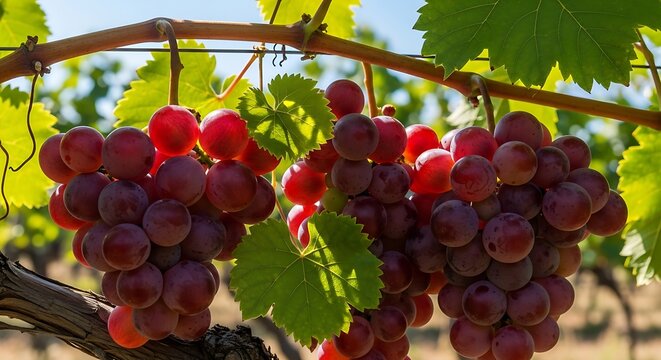 red grapes on vine. fresh red grapes cluster growing on vine in vineyard with green leaves.