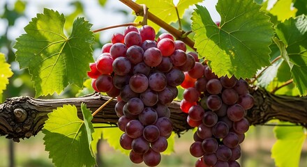 fresh red grapes cluster growing on vine in vineyard with green leaves.