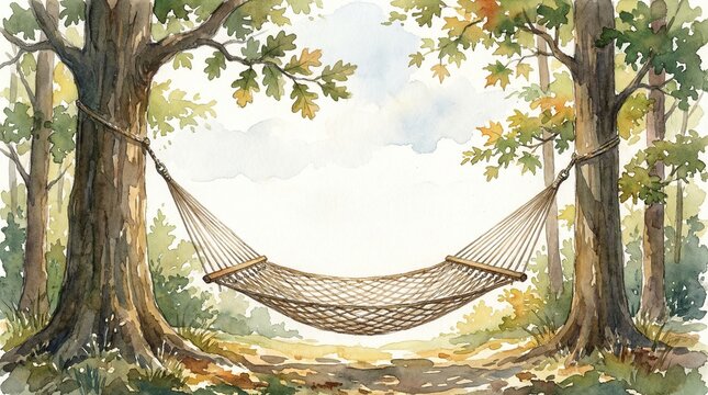 Empty rope hammock tied between two large trees in a sunlit forest clearing, watercolor illustration.