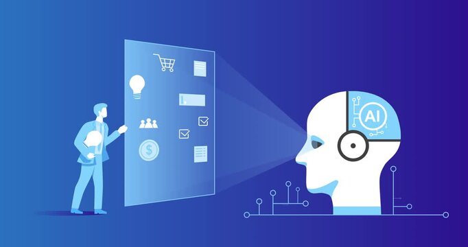AI Strategy for Digital Marketing. Moving banner with entrepreneur using artificial intelligence and neural networks for business development and growth. Flat graphic animated cartoon