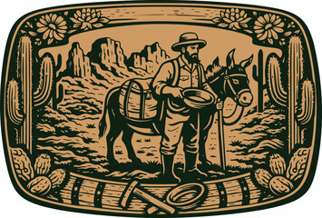 Desert Prospector Mule Vintage Belt Buckle Vector