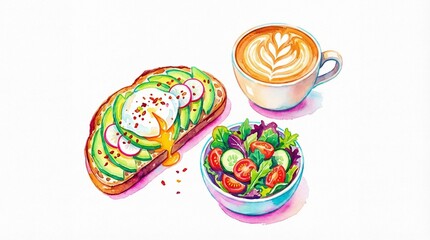 Watercolor illustration of avocado toast with poached egg, fresh green salad, and latte coffee. Healthy breakfast or brunch meal.