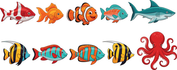 Cute tropical fish and shark cartoon set. Colorful marine animals with octopus illustration. Fun ocean wildlife isolated on transparent background. © ALINA