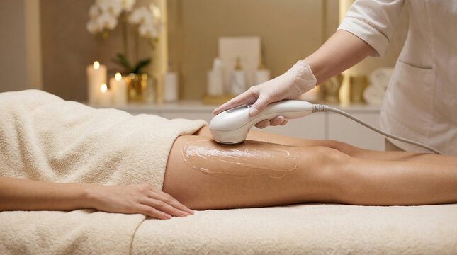 Close-up of a woman undergoing professional radiofrequency body contouring and anti-cellulite treatment in a modern beauty salon