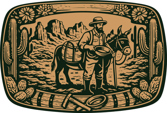 Desert Prospector Mule Vintage Belt Buckle Vector
