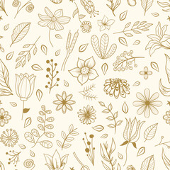 Seamless Floral Line Art Golden Vector Pattern