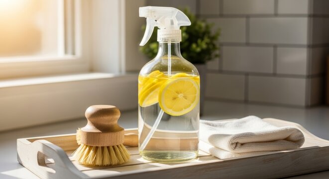 Homemade lemon cleaning spray with wooden brush on tray. Eco-friendly natural cleaner for household cleaning. Sustainable lifestyle concept.