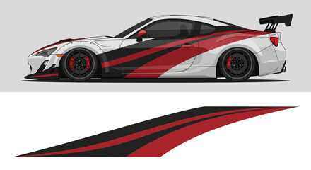 Obraz premium High-performance race car featuring red and black racing livery with white accents and aerodynamic graphics.