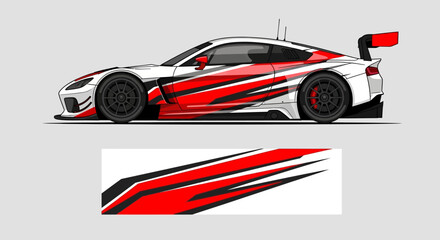 Fototapeta premium Dynamic Red and White Race Car with Graphic Stripes and Sleek Profile.