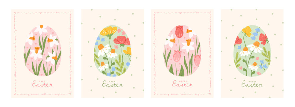 Set of Happy Easter floral greeting card, poster, holiday cover. Trendy design with Easter eggs decorated spring hand drawn flowers, whimsical frames and backgrounds of dots. Vector illustration.