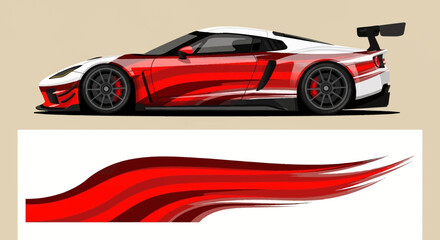 Naklejka premium Red sports car vector illustration featuring a dynamic swoosh and bold automotive design.