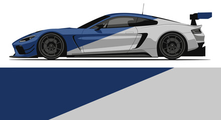 Fototapeta premium Sleek blue and white high performance sports car with aerodynamic design.
